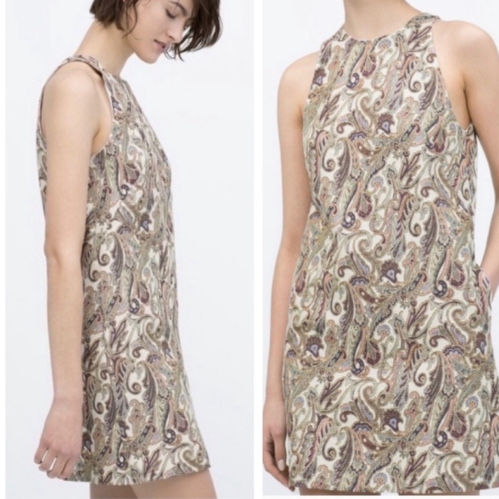 Zara Brown and White Paisley Brocade Sheath Dress
